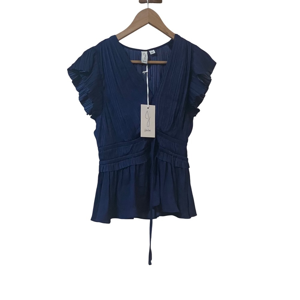 Joie Navy Pleated Flutter Sleeve Peplum Top Tie Waist XS